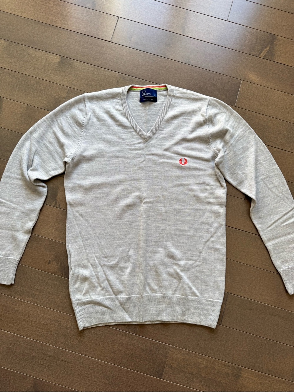 Fred Perry Men’s V-Neck 100% Merino Wool Sweater in Light Gray